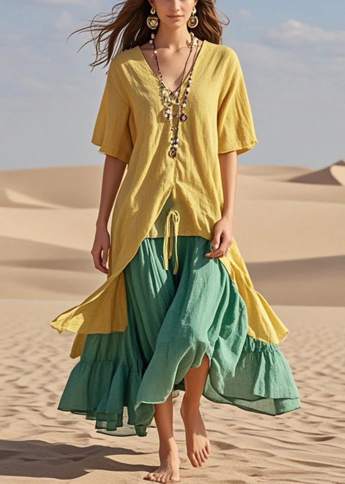 Yellow Patchwork Cotton Holiday Dress Fake Two Piece Summer - Image 5
