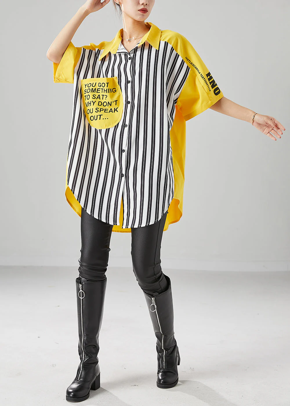 Yellow Patchwork Cotton Vacation Dress Striped Letter Print Summer - Image 2