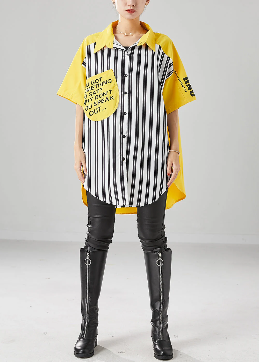 Yellow Patchwork Cotton Vacation Dress Striped Letter Print Summer - Image 3