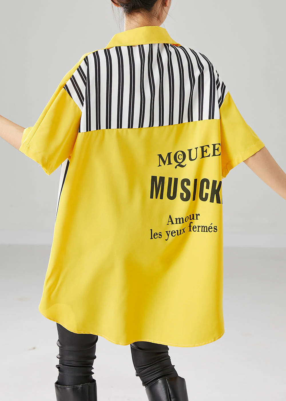 Yellow Patchwork Cotton Vacation Dress Striped Letter Print Summer - Image 4