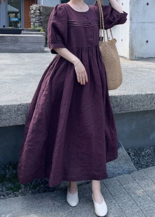 Yellow Patchwork Linen Dress O Neck Wrinkled Short Sleeve - Image 5