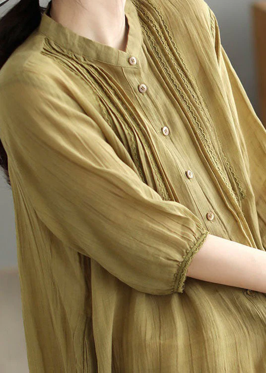 Yellow Patchwork Linen Shirts Dresses Stand Collar Button Summer - Image 3