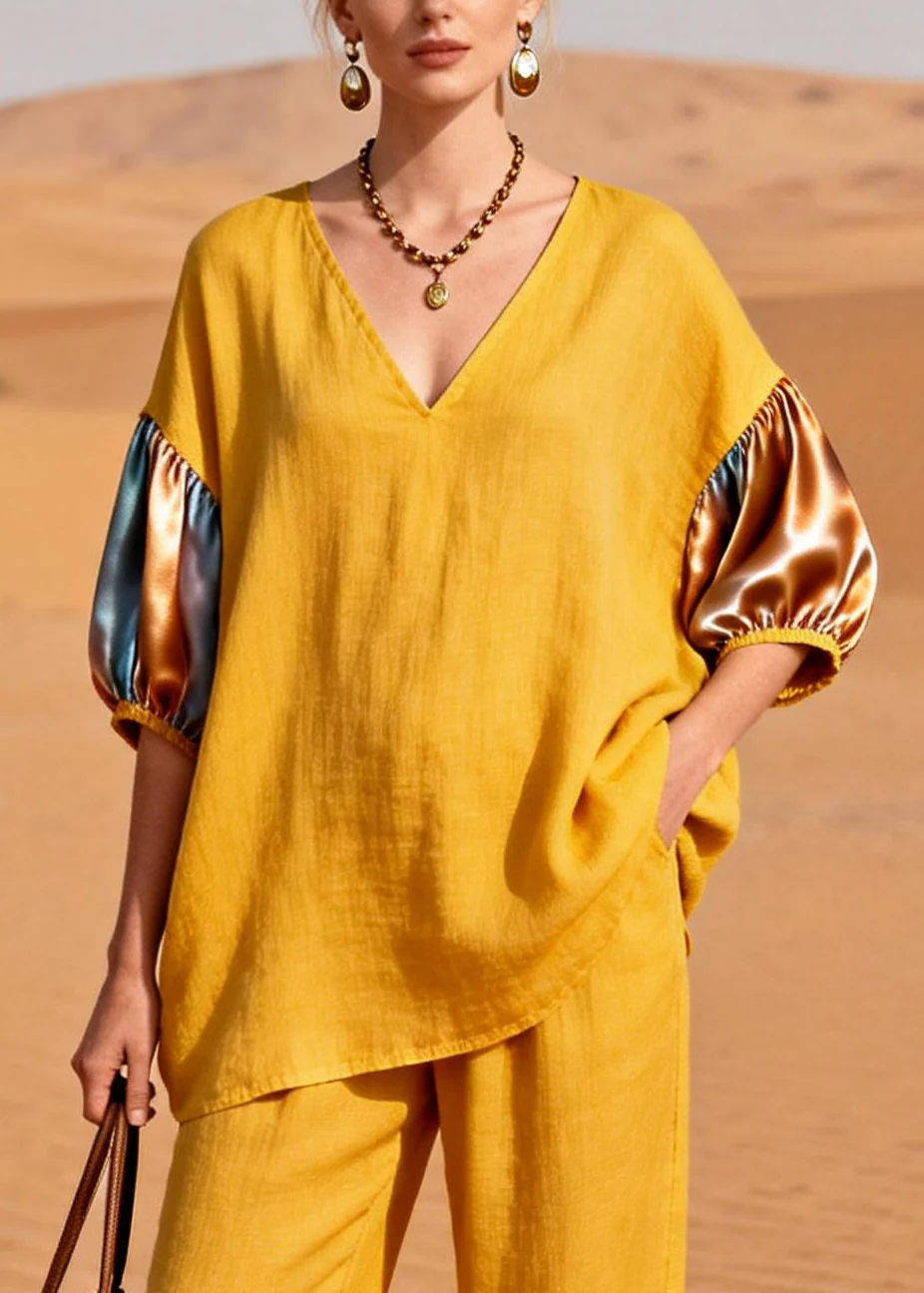 Yellow Patchwork Linen Silk Two Pieces Set Oversized Half Sleeve - Image 2