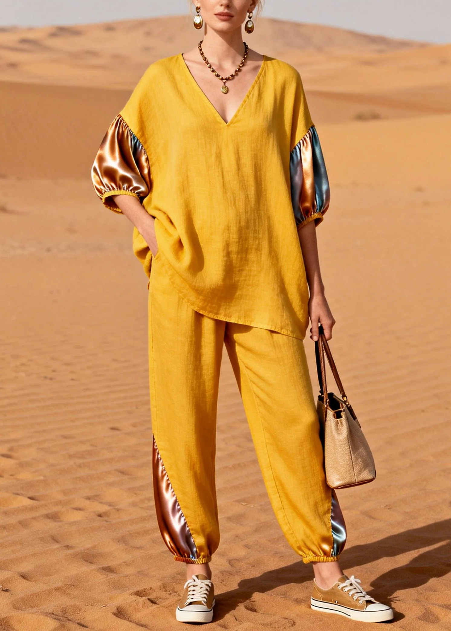 Yellow Patchwork Linen Silk Two Pieces Set Oversized Half Sleeve - Image 3