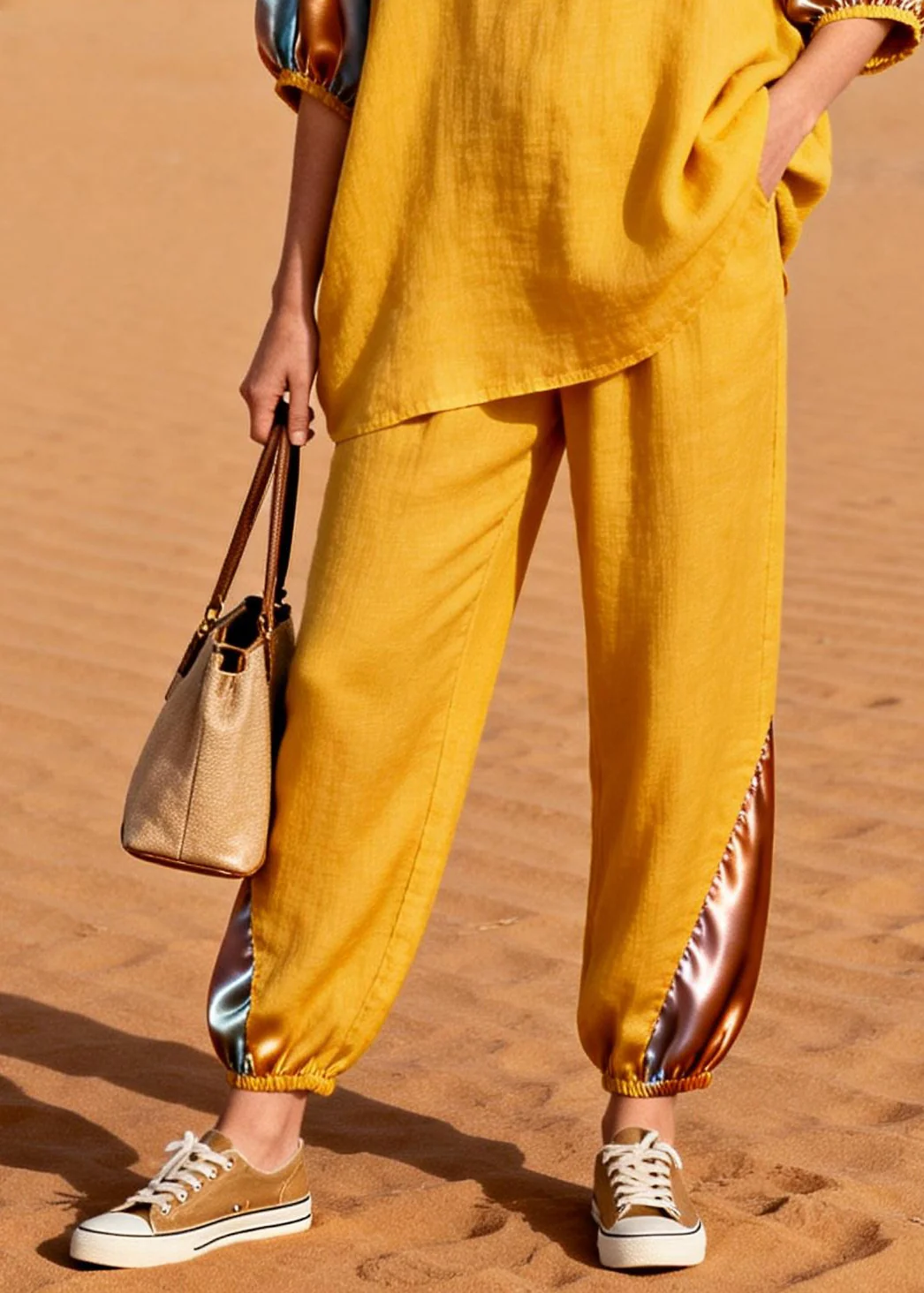 Yellow Patchwork Linen Silk Two Pieces Set Oversized Half Sleeve - Image 4