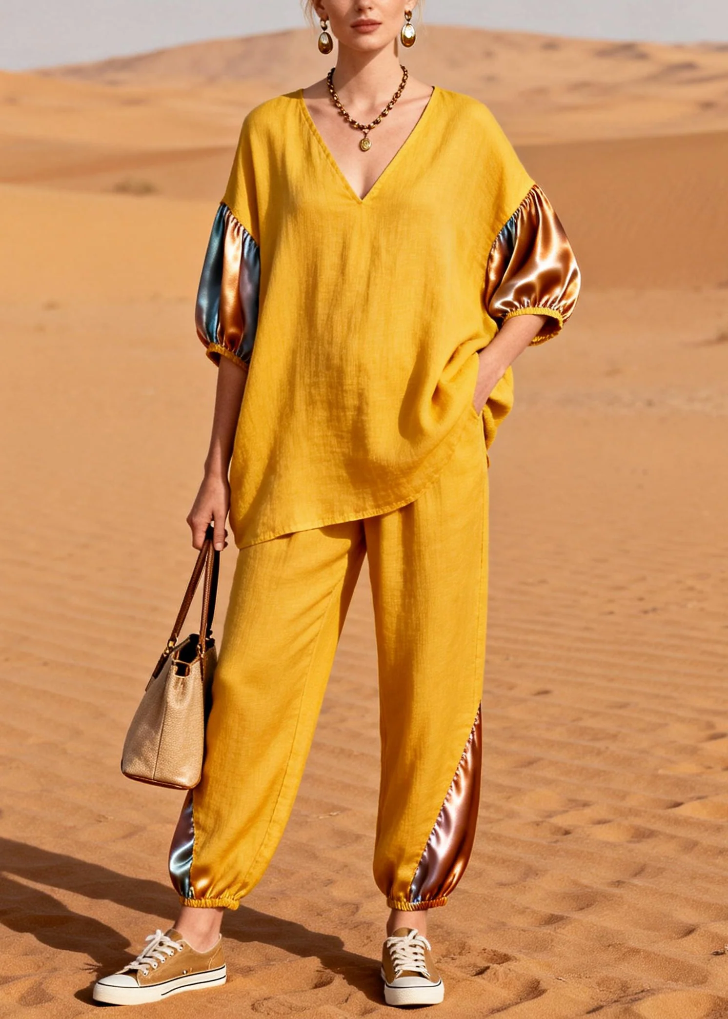 Yellow Patchwork Linen Silk Two Pieces Set Oversized Half Sleeve - Image 5