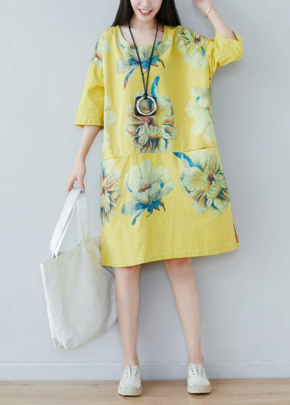 Yellow Patchwork Print Cotton Dress Half Sleeve - Image 2