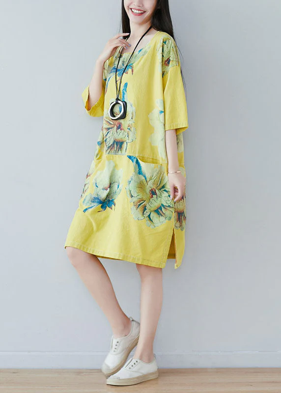 Yellow Patchwork Print Cotton Dress Half Sleeve - Image 3