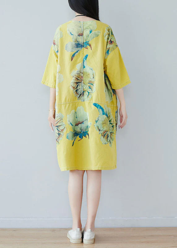 Yellow Patchwork Print Cotton Dress Half Sleeve - Image 4