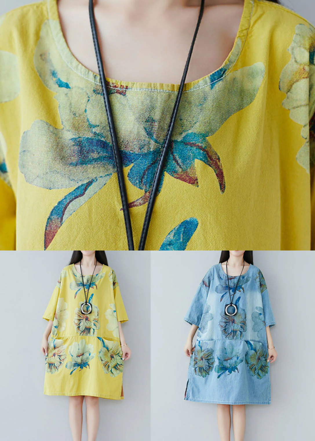Yellow Patchwork Print Cotton Dress Half Sleeve - Image 5