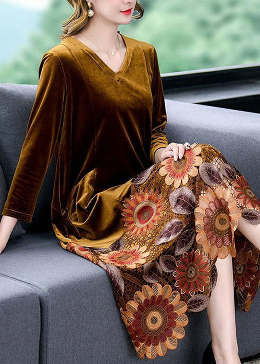Yellow Patchwork Silk Velour Maxi Dresses Embroideried V Neck Spring - Image 2