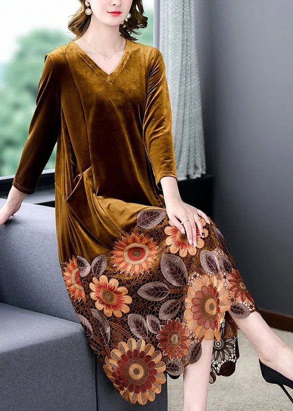 Yellow Patchwork Silk Velour Maxi Dresses Embroideried V Neck Spring - Image 3