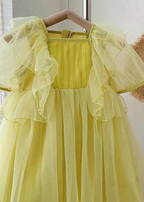 Yellow Patchwork Tulle Baby Girls Princess Dresses Wrinkled Summer - Image 2
