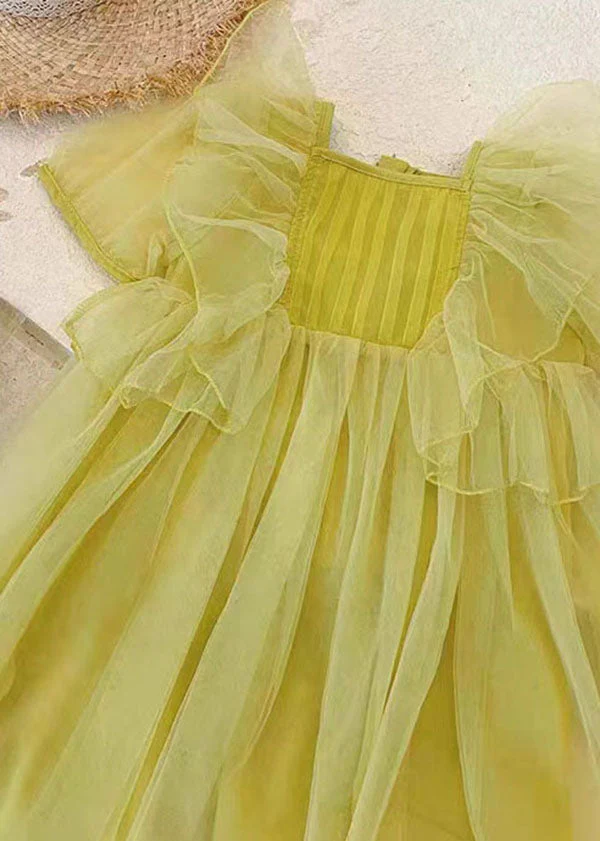 Yellow Patchwork Tulle Baby Girls Princess Dresses Wrinkled Summer - Image 3