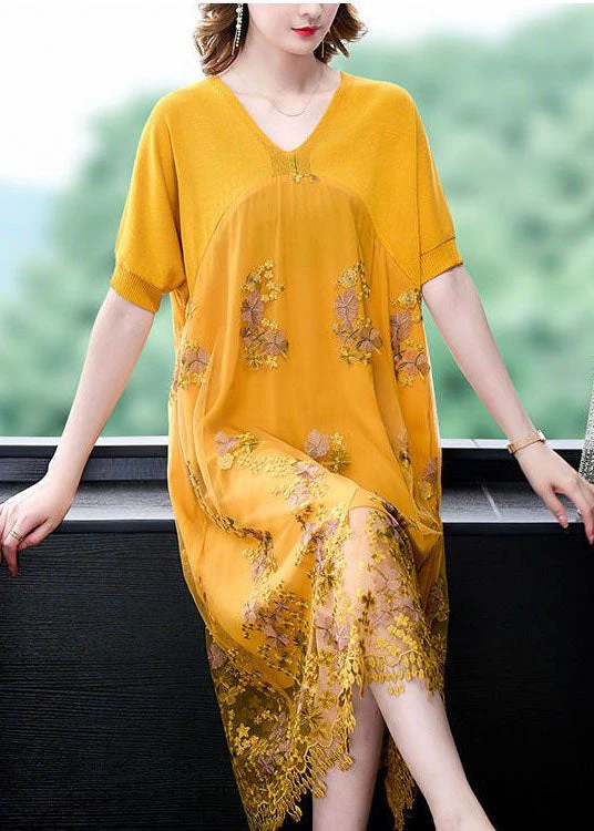 Yellow Patchwork Tulle Dresses Embroideried V Neck Summer - Image 2