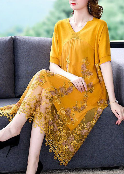 Yellow Patchwork Tulle Dresses Embroideried V Neck Summer - Image 3