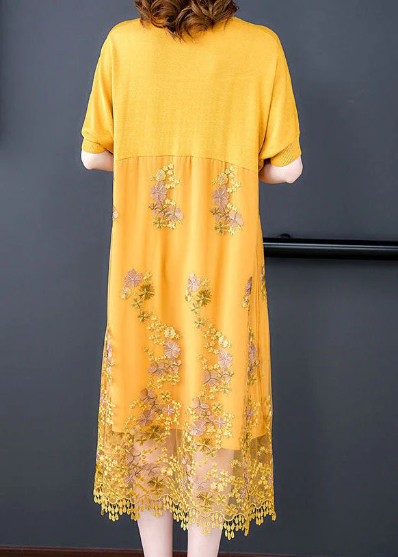 Yellow Patchwork Tulle Dresses Embroideried V Neck Summer - Image 4