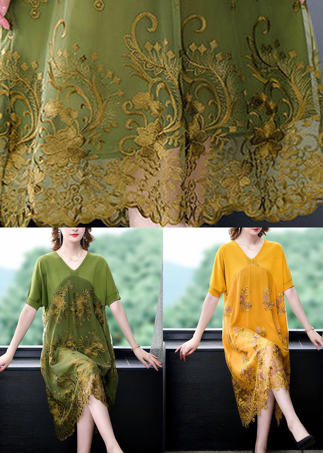 Yellow Patchwork Tulle Dresses Embroideried V Neck Summer - Image 5