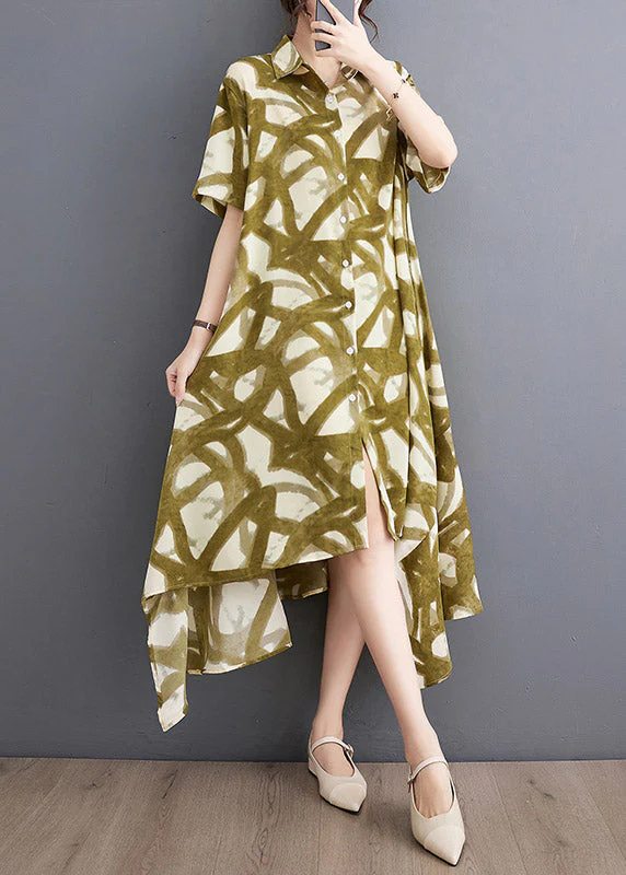 Yellow Peter Pan Collar Button Maxi Dresses Short Sleeve - Image 2