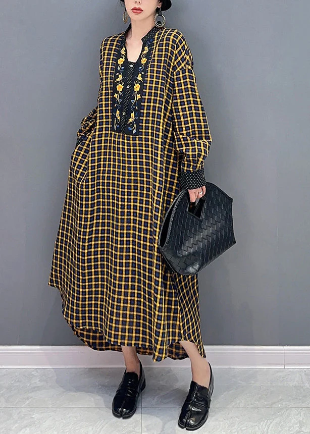 Yellow Plaid Patchwork Maxi Dresses Oversized Spring - Image 2