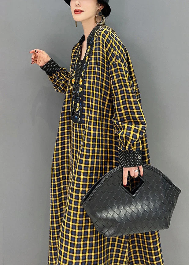 Yellow Plaid Patchwork Maxi Dresses Oversized Spring - Image 4