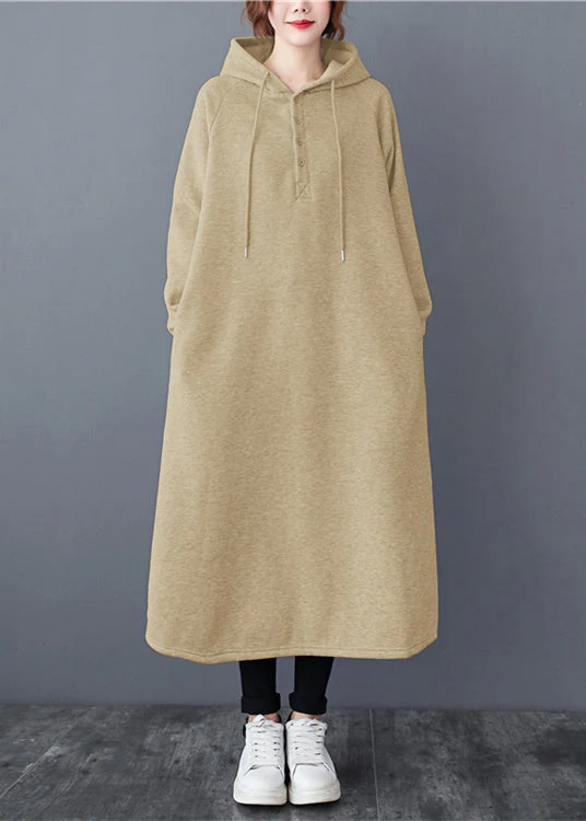 Yellow Pockets Patchwork Warm Fleece Long Dresses Hooded Winter - Image 2