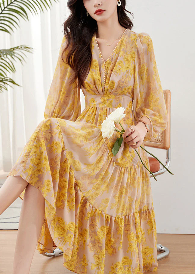 Yellow Print Chiffon Maxi Dresses Exra Large Hem Bracelet Sleeve - Image 2