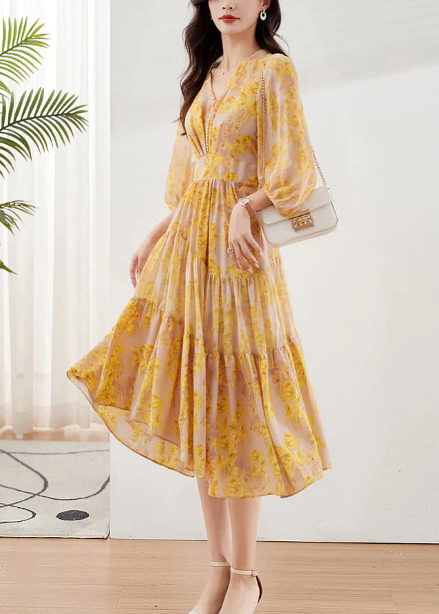 Yellow Print Chiffon Maxi Dresses Exra Large Hem Bracelet Sleeve - Image 3
