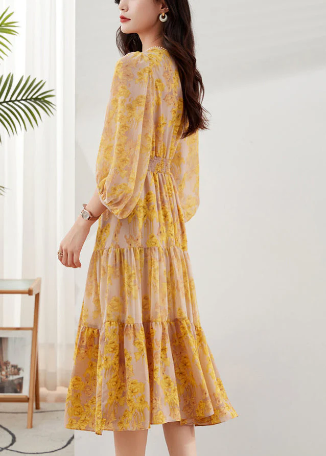 Yellow Print Chiffon Maxi Dresses Exra Large Hem Bracelet Sleeve - Image 4