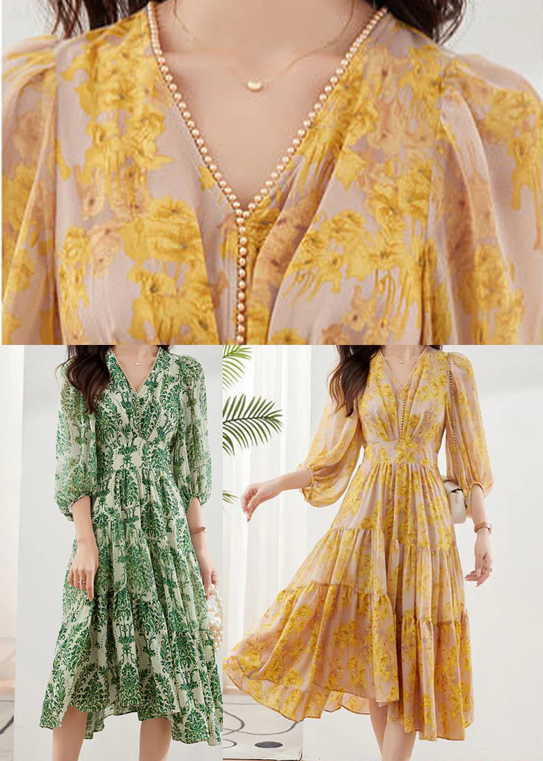 Yellow Print Chiffon Maxi Dresses Exra Large Hem Bracelet Sleeve - Image 5