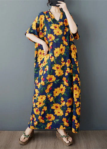 Yellow Print Cotton Long Dress Oversized Batwing Sleeve - Image 2