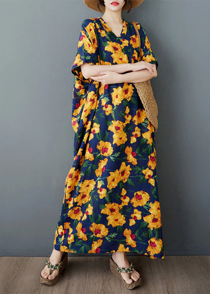 Yellow Print Cotton Long Dress Oversized Batwing Sleeve - Image 3