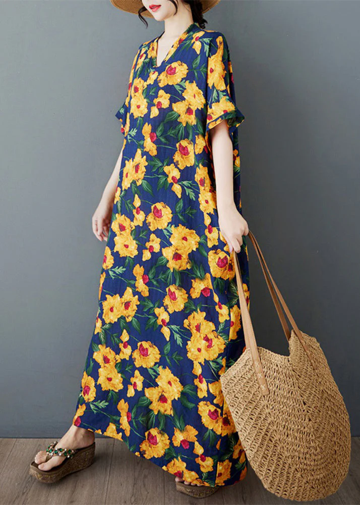 Yellow Print Cotton Long Dress Oversized Batwing Sleeve - Image 4