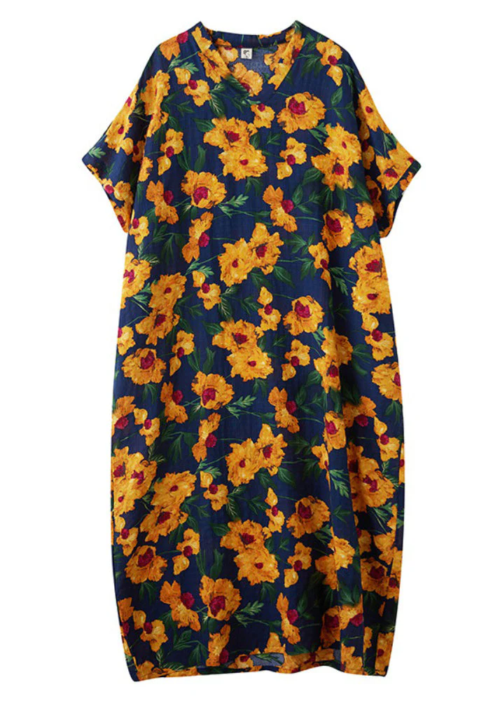 Yellow Print Cotton Long Dress Oversized Batwing Sleeve - Image 5