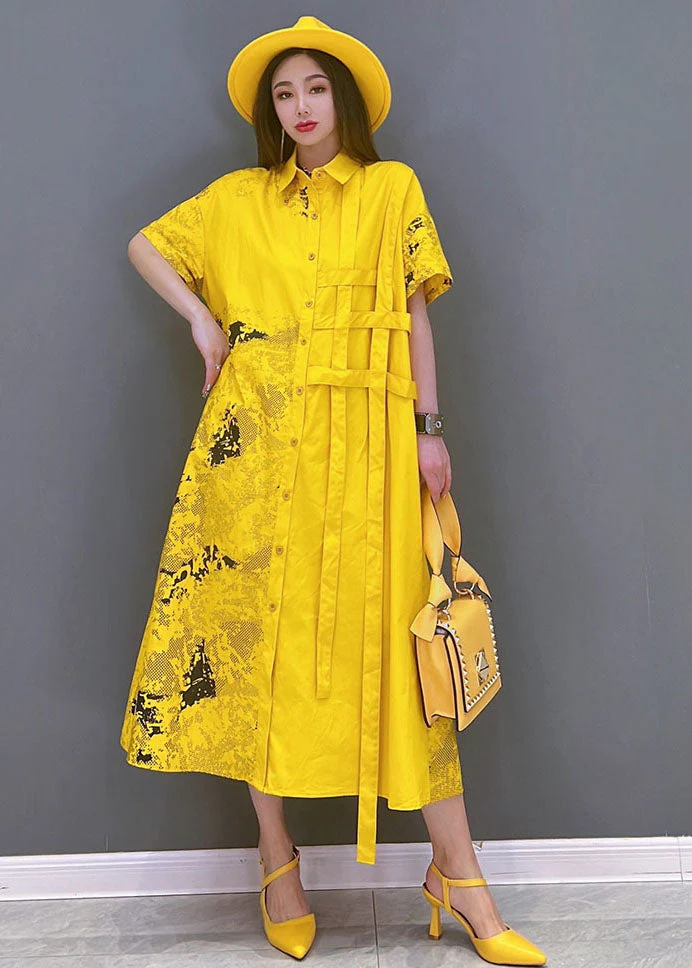 Yellow Print Cotton Loose Shirt Dress Asymmetrical Design Short Sleeve - Image 2