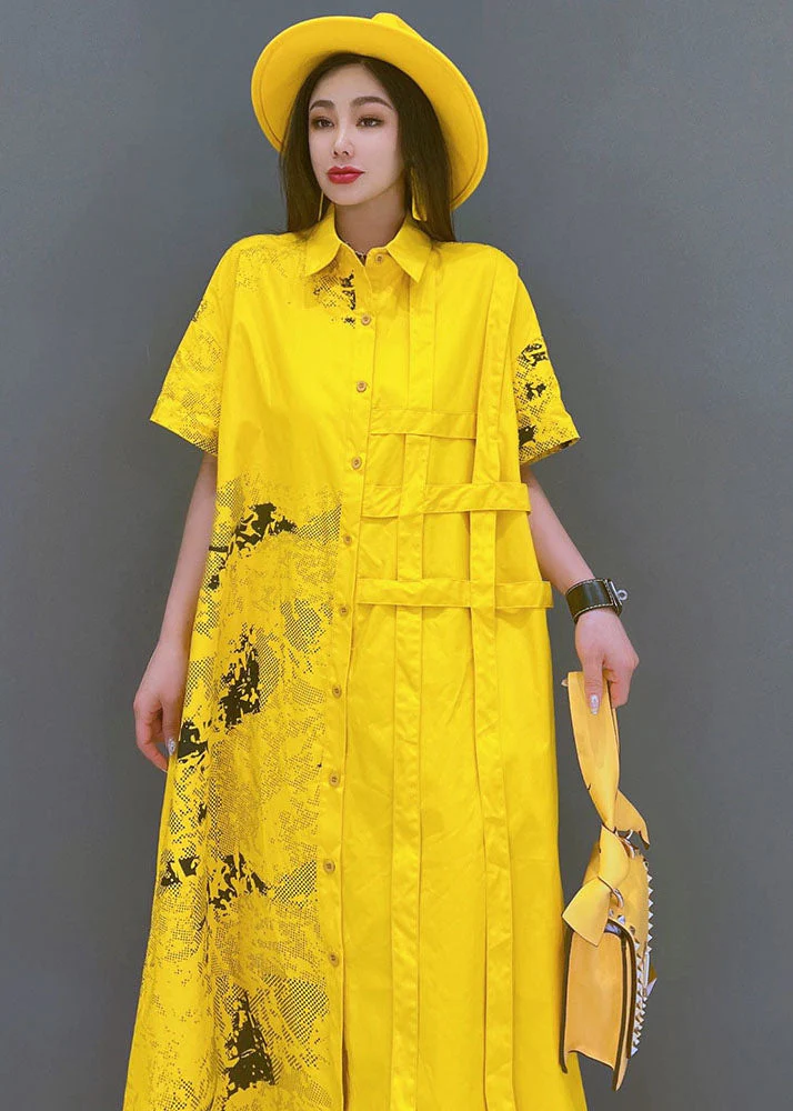 Yellow Print Cotton Loose Shirt Dress Asymmetrical Design Short Sleeve - Image 4