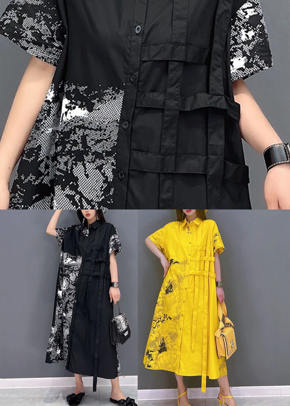 Yellow Print Cotton Loose Shirt Dress Asymmetrical Design Short Sleeve - Image 5