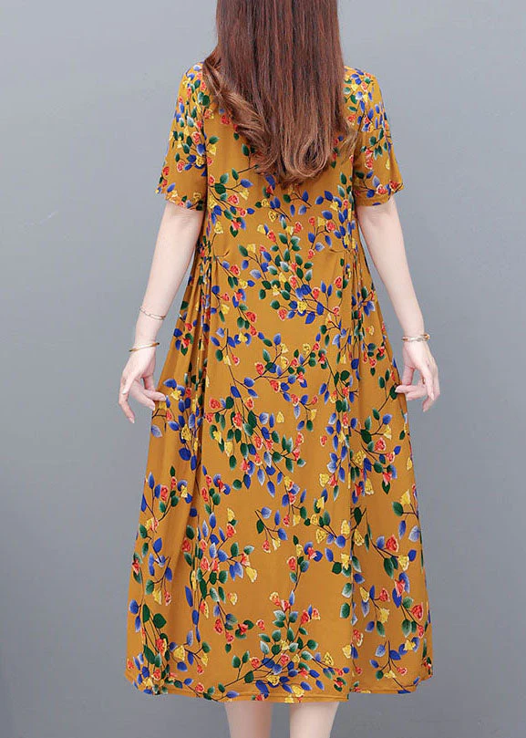 Yellow Print Cotton Party Dress Wrinkled Pockets Short Sleeve - Image 3