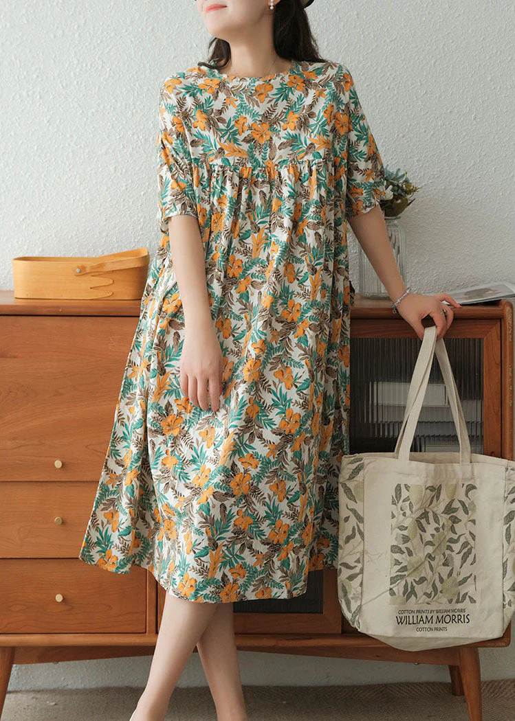 Yellow Print Cotton Vacation Dresses Wrinkled Short Sleeve - Image 3
