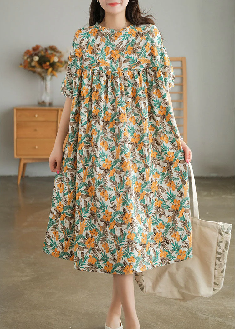 Yellow Print Cotton Vacation Dresses Wrinkled Short Sleeve - Image 5