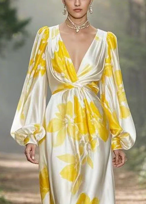Yellow Print High Waist Silk Maxi Dress V Neck Spring - Image 2