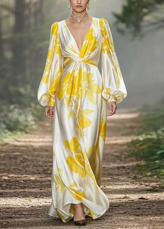 Yellow Print High Waist Silk Maxi Dress V Neck Spring - Image 3
