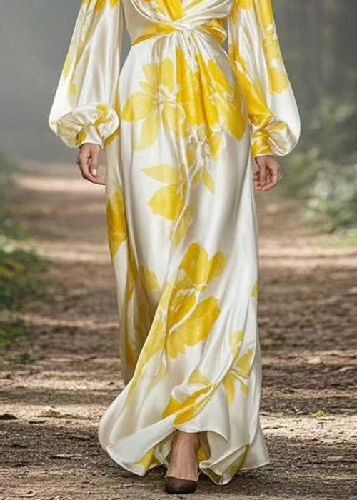Yellow Print High Waist Silk Maxi Dress V Neck Spring - Image 4