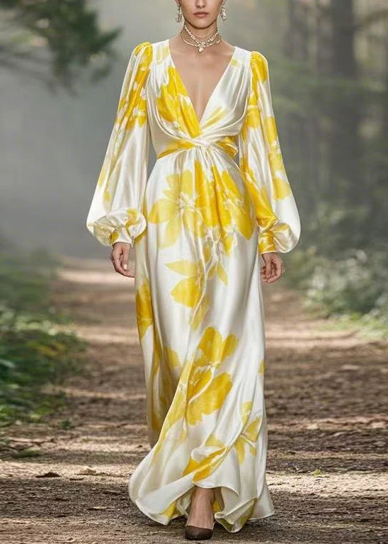 Yellow Print High Waist Silk Maxi Dress V Neck Spring - Image 5