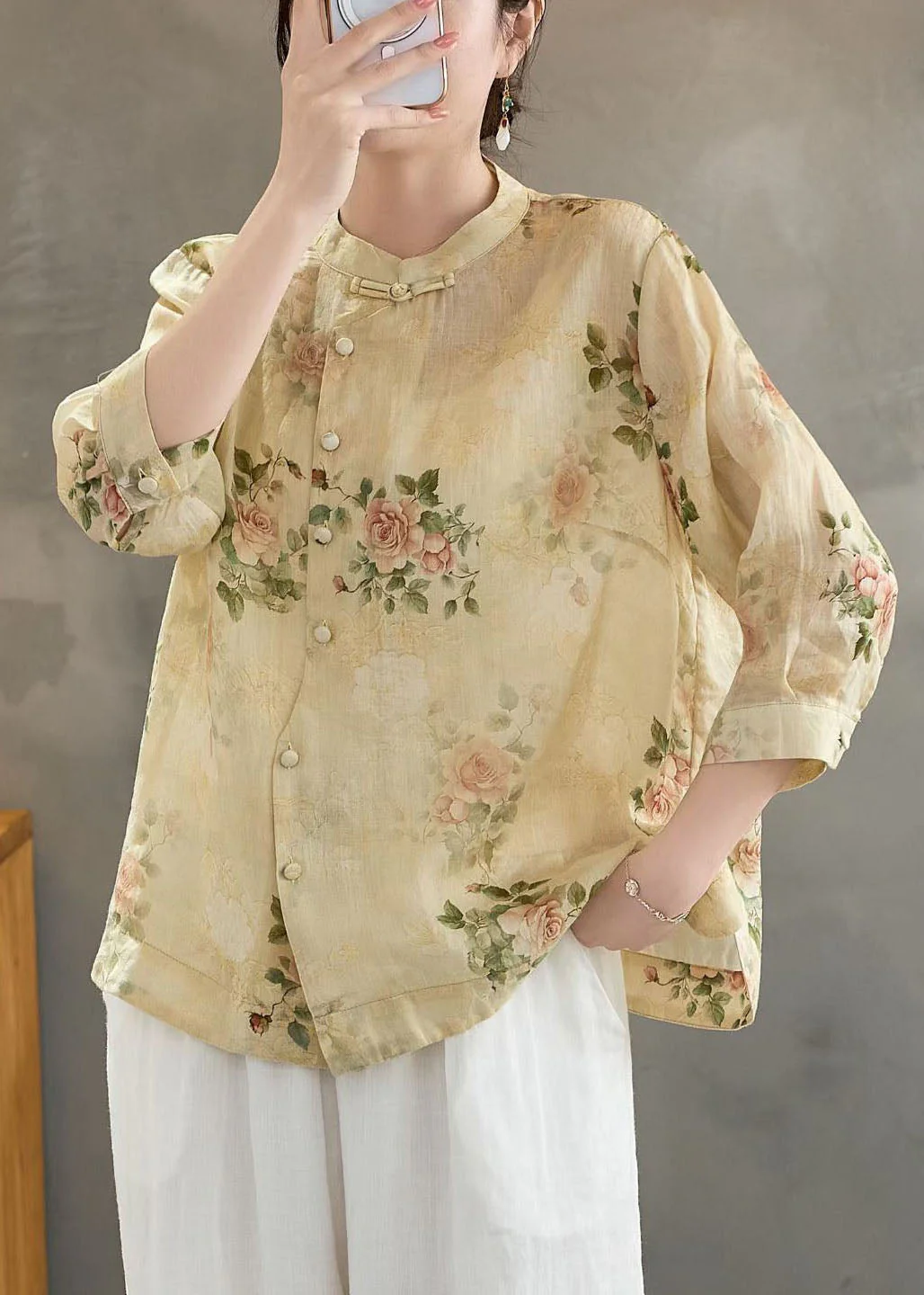 Yellow Print Linen Shirts Stand Collar Chinese Button Summer - Image 2