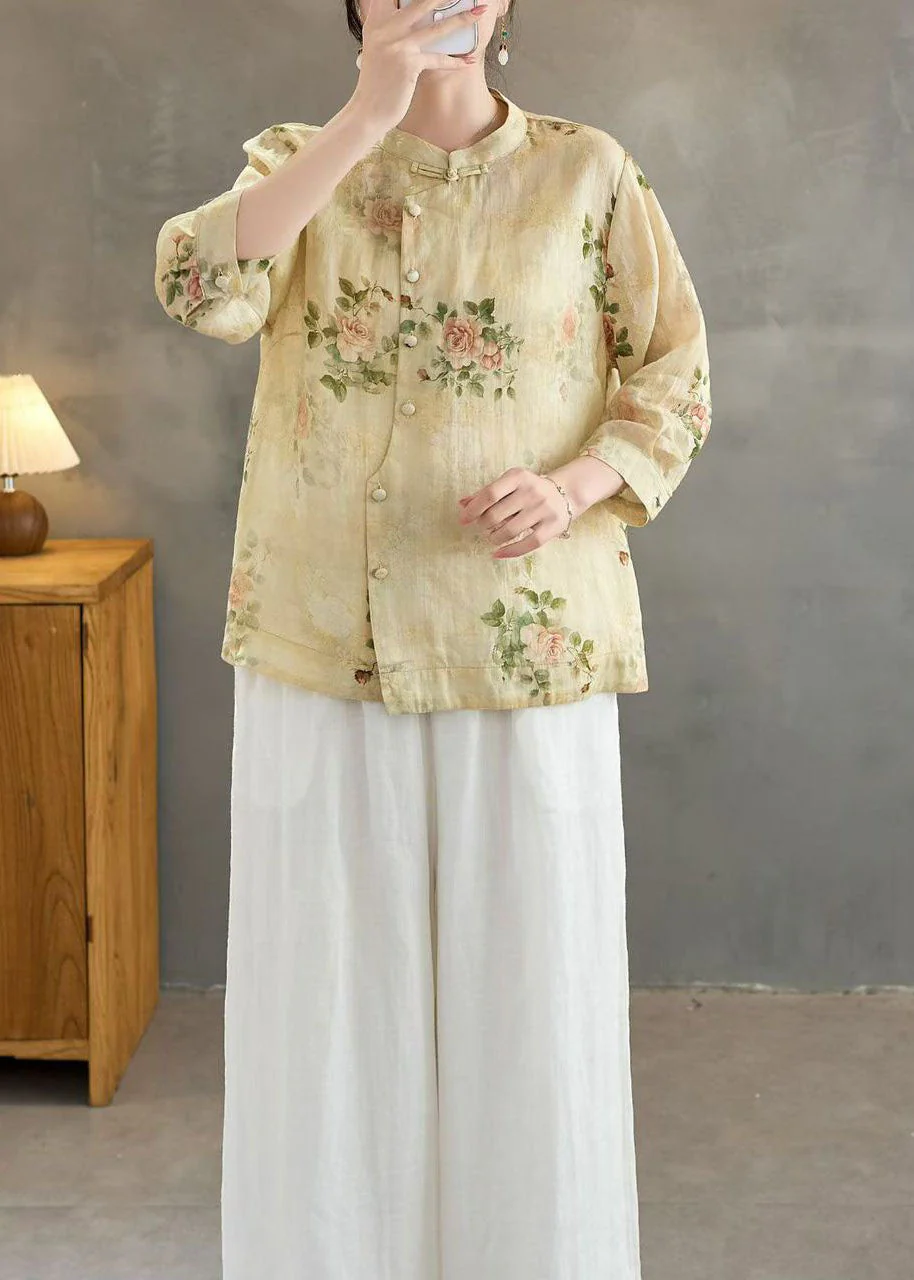 Yellow Print Linen Shirts Stand Collar Chinese Button Summer - Image 4