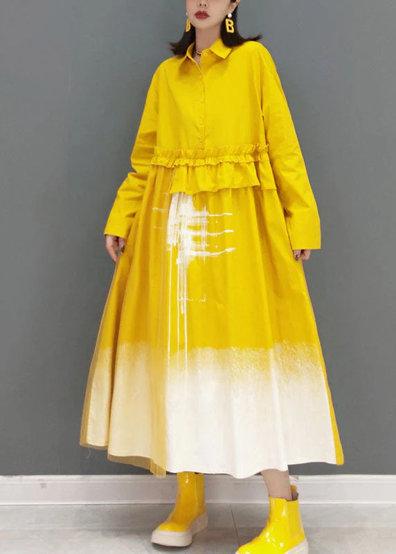 Yellow print Long Dress button Cinched Spring - Image 2