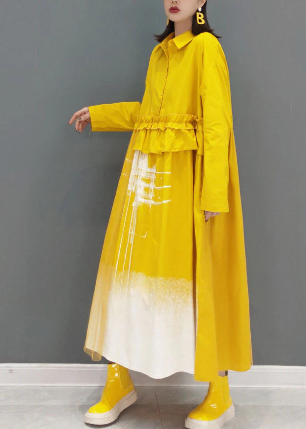 Yellow print Long Dress button Cinched Spring - Image 3