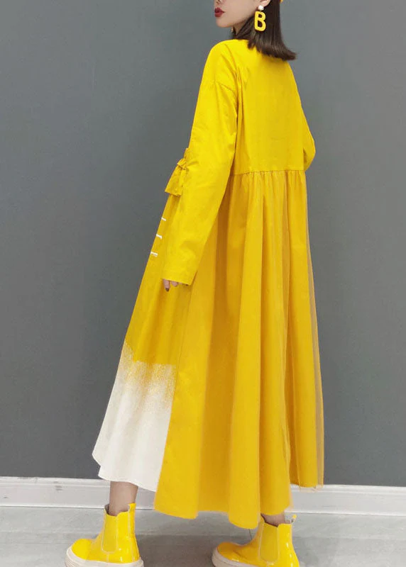 Yellow print Long Dress button Cinched Spring - Image 4