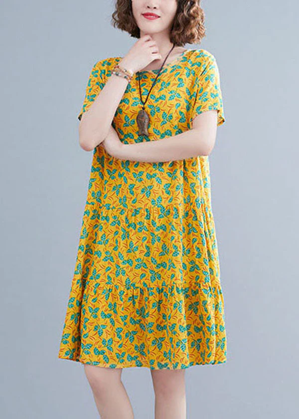 Yellow Print Patchwork Cotton Long Dresses O-Neck Wrinkled Short Sleeve - Image 2
